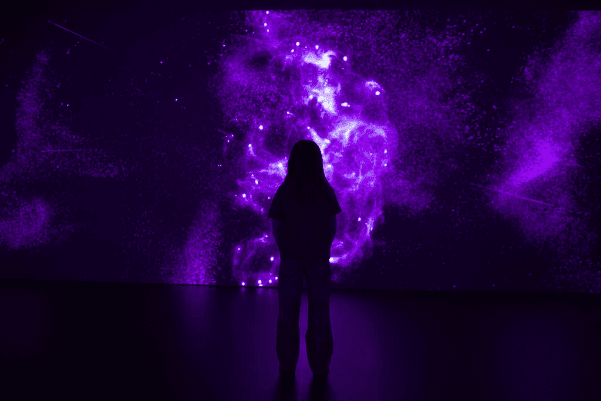 Silhouette of a person in front of a projection of the starry sky