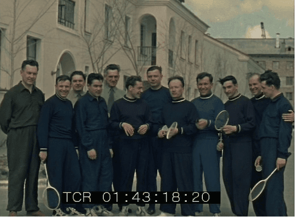 Members of the first cosmonaut group with badminton rackets