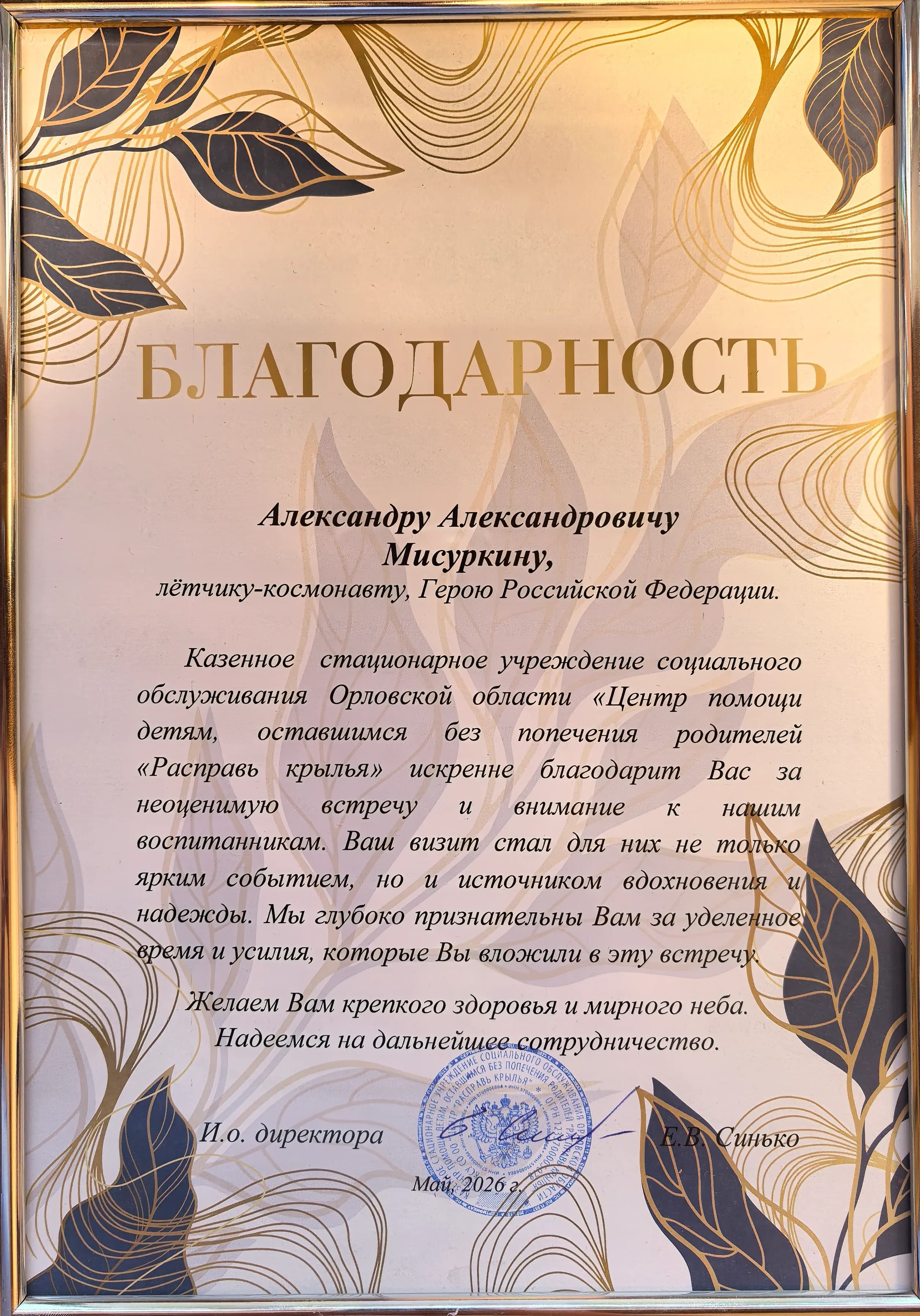 Благодарность от Центра помощи детям «Расправь крылья»