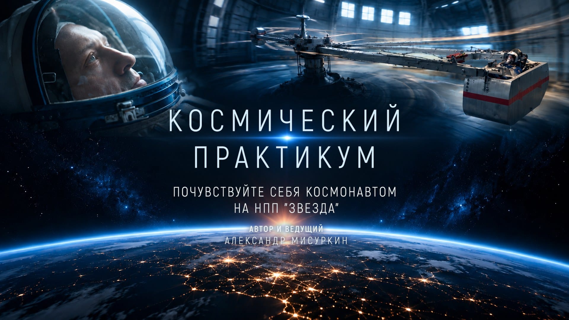 Космонавт в шлеме скафандра, центрифуга НПП «Звезда» и Земля из космоса; надпись «Космический практикум»