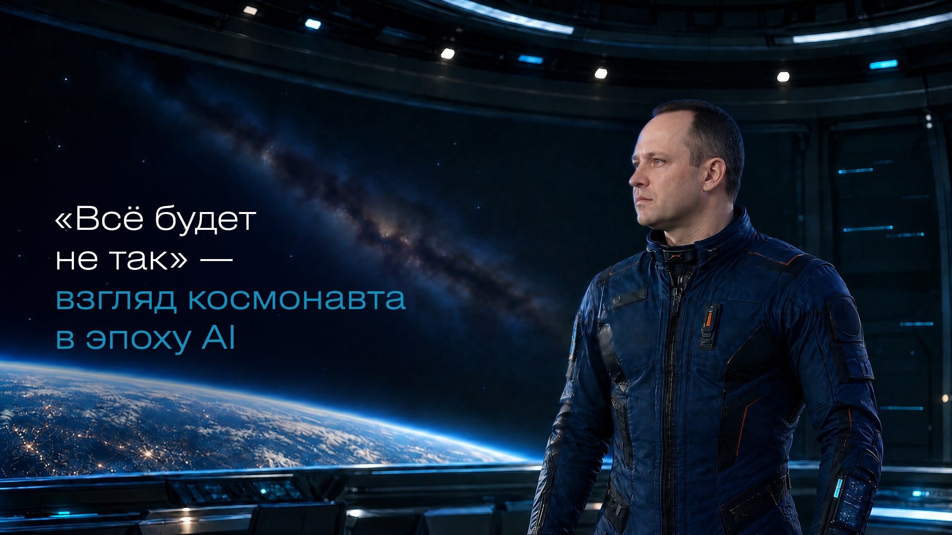 Космонавт Александр Мисуркин на фоне Земли из космоса; надпись «Всё будет не так» — взгляд космонавта в эпоху AI