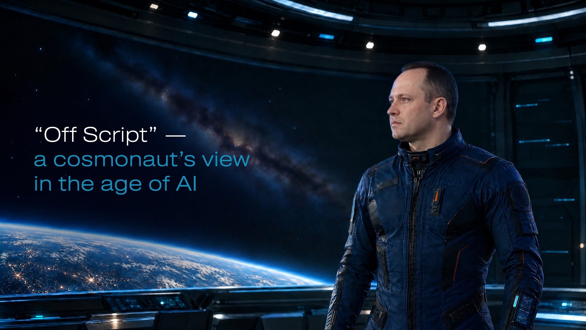 Cosmonaut Alexander Misurkin with Earth seen from space behind him; caption “Off Script” — a cosmonaut’s view in the age of AI