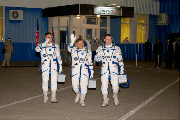 Soyuz TMA-08M crew Pavel Vinogradov, Alexander Misurkin and Christopher Cassidy before launch at Baikonur