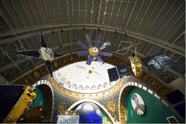 Satellites under the dome of the Cosmonautics and Aviation pavilion at VDNKh