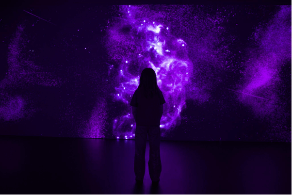 Silhouette of a person in front of a projection of the starry sky