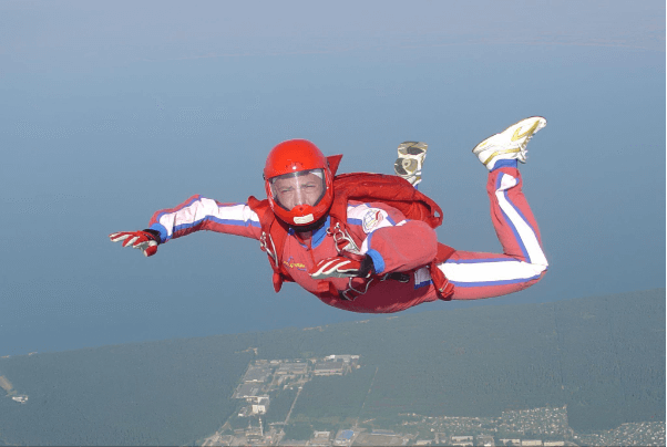 A skydiver in free fall during training