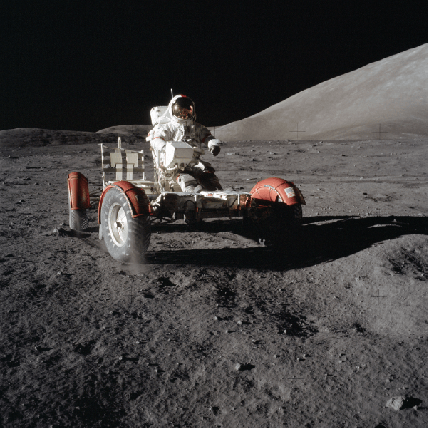 Astronaut Eugene Cernan during a test drive of the lunar rover, Apollo 17, 1972