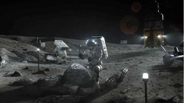 Astronauts on the Moon during the Artemis mission, artist's impression