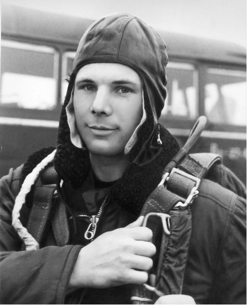 Yuri Gagarin in a flying helmet