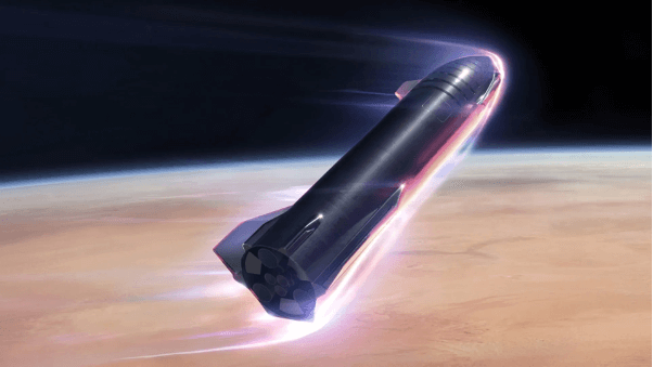 Starship entering the atmosphere of Mars, artist's impression
