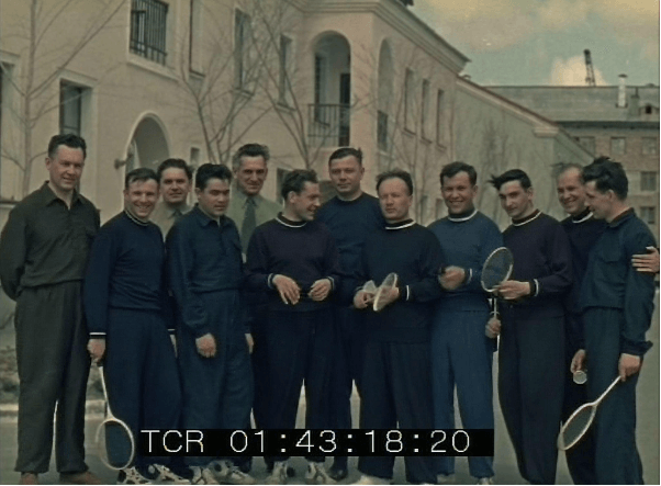 Members of the first cosmonaut group with badminton rackets