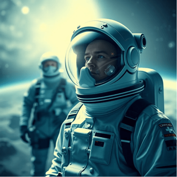 Illustration: a cosmonaut in a helmet against a planet