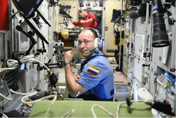 Alexander Misurkin wearing a headset aboard the ISS